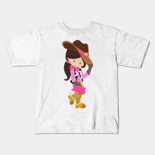 Cowgirl, Sheriff, Western, Country, Brown Hair Kids T-Shirt